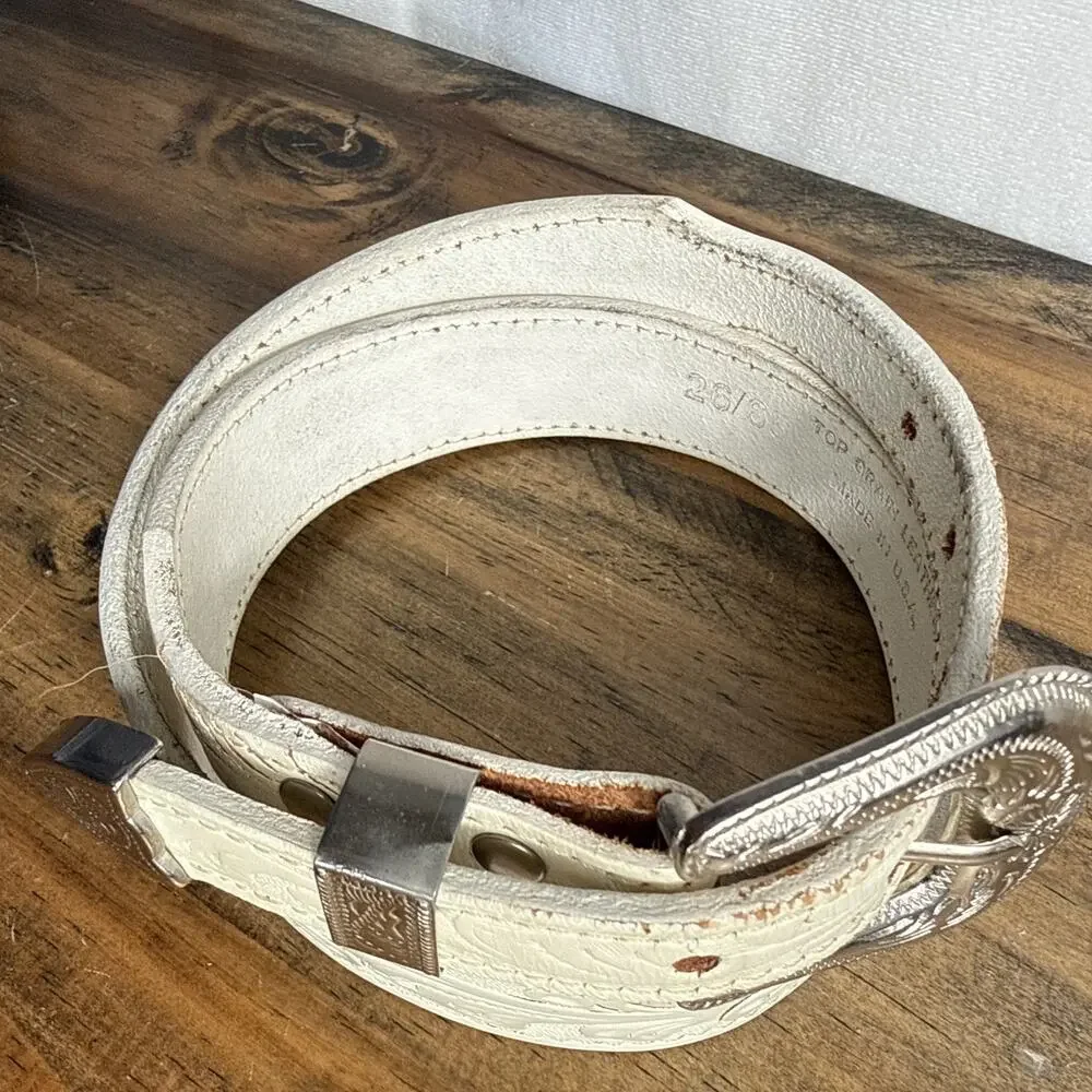 Vintage Western Tooled Belt White Leather Silver Buckle Kids 25